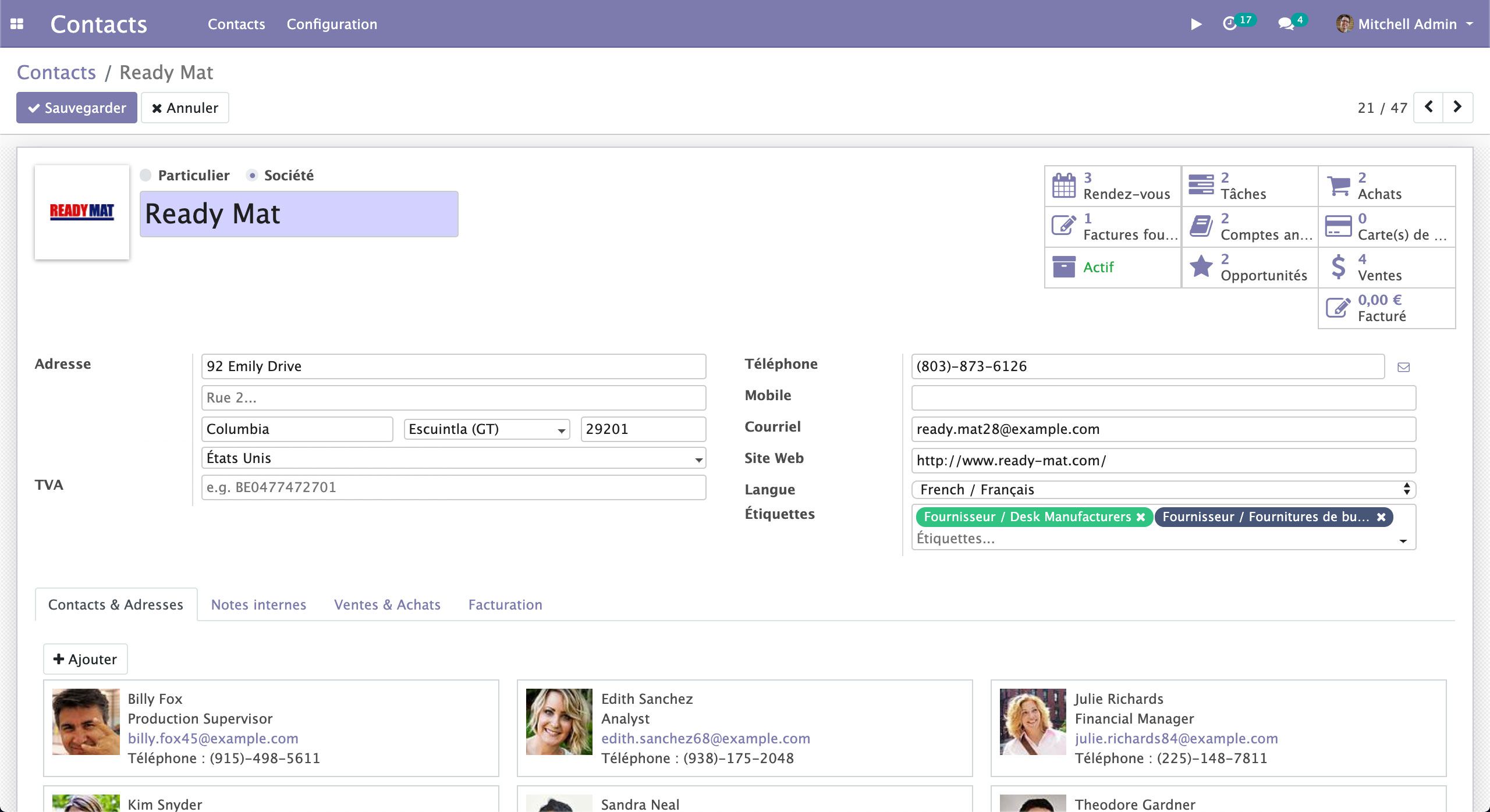 Fiche d'un contacts dans Odoo