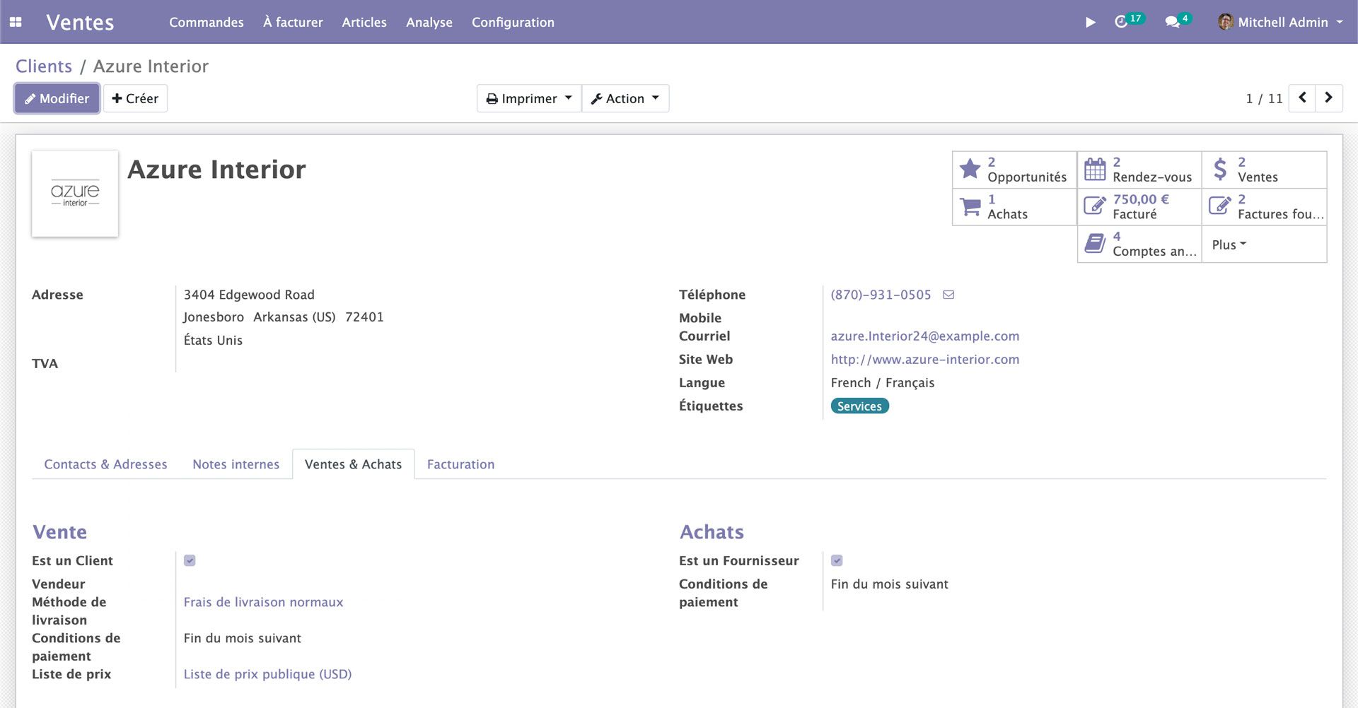 Onglet clients dans une fiche de contact Odoo